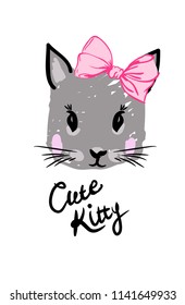 gray kitty face with pink bow t shirt print on white background