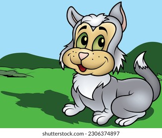 Gray Kitty with Green Eyes Sitting on the Ground - Colored Cartoon Illustration with Background, Vector