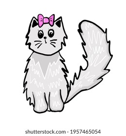 Gray kitty with a pink bow.Funny animals.