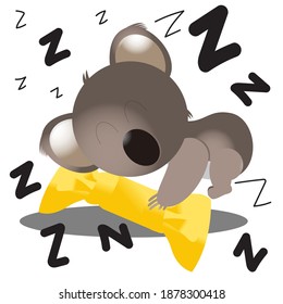 Gray Koala sleeping with yellow bolster pillow, cartoon, isolated on white background, vector illustration design, Can be used for t-shirt design drawings, children's fashion motifs, comics, dolls etc