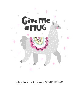 Gray lama illustration with Give Me A Hug lettering. Handdrawn vector. 