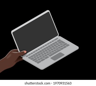 A gray laptop in the hand of an African-American man