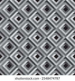 Gray large and small spiky lines in a spiral diagonal squares vector seamless pattern or texture.