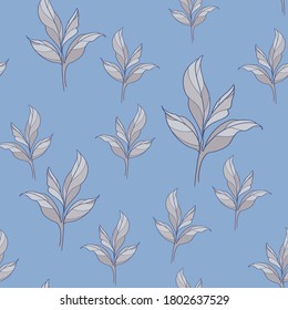 hojas grises sobre un fondo azul. patrón impecable. ilustración vectorial. diseño floral para cosméticos, perfumes, tarjetas de invitación a la boda y tarjetas de felicitación