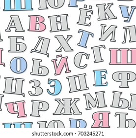 Gray letters, Russian alphabet, background, seamless, white, vector. Grey, blue and pink letters with serifs on a white background. Thin dark grey outline on the letters is offset to the side. 