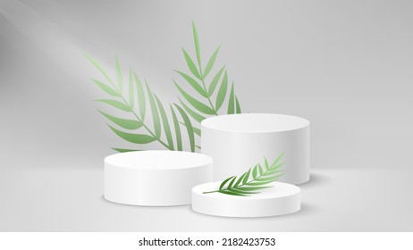 Gray light 3d background product display podium scene with leaf geometric platform. Stand to show cosmetic product. Realistic paper stage showcase on pedestal display monochrome backdrop.