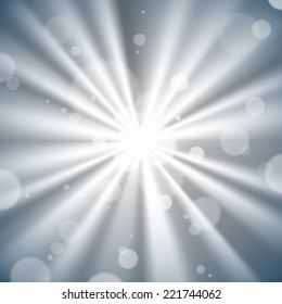Gray light burst background with bokeh. Glowing from the center. Monochrome illustration.
