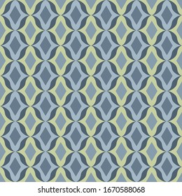 gray and light green art shapes with wavy edges and overlapping rhombuses are arranged in rows on a dark azure background. motley seamless pattern. vector