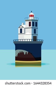 Gray lighthouse, blue sky and sea water. Simple flat illustation. Cartoon style. Summer landscape. Sea navigation architecture. For post card, poster, books and interface design.