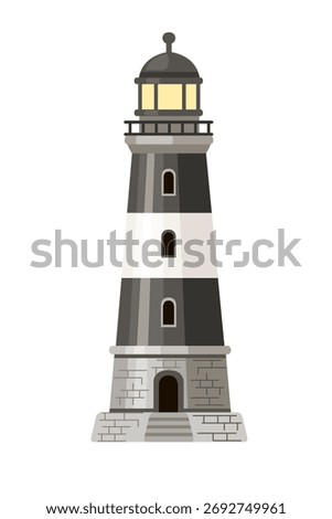 Gray lighthouse with white stripe and dark lantern room. Charcoal tower with stone brick foundation and stairs. Classic maritime beacon architecture. Vector illustration isolated on white background