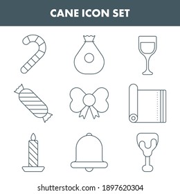 Gray Line Art Cane Icon Set In Flat Style.