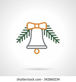 Gray line bell with yellow bow hanging on fir-tree branch. Christmas decorations. Simple color line style vector icon. Single web design element for mobile app or website.