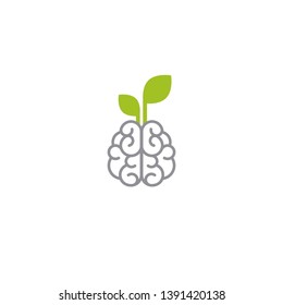 Gray line brain with green leaves icon. Intellect, phsychology, knowledge simple pictogram isolated on white. flat vector illustration. Creative smart. Eco friendly
