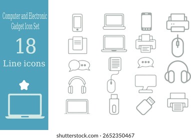 Linha cinza ícones de Gadgets de computador incluindo telefones Laptops impressoras fones de ouvido e U S B unidades