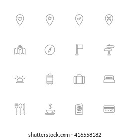 gray line travel icon set for web design, user interface (UI), infographic and mobile application (apps)
