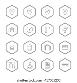 gray line travel icon set with hexagon frame for web design, user interface (UI), infographic and mobile application (apps)