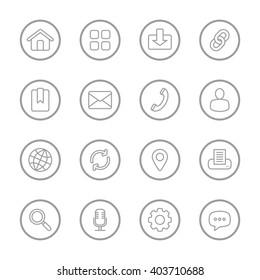 gray line web icon set with circle frame for web design, user interface (UI), infographic and mobile application (apps)