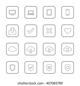 gray line web icon set with rounded rectangle frame for web design, user interface (UI), infographic and mobile application (apps)