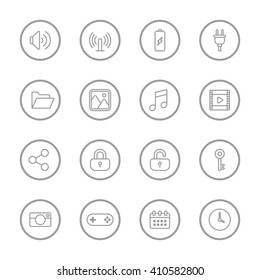 gray line web icon set with circle frame for web design, user interface (UI), infographic and mobile application (apps)