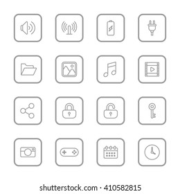 gray line web icon set with rounded rectangle frame for web design, user interface (UI), infographic and mobile application (apps)