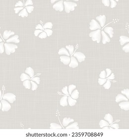 Textura de tela de lino gris, textura de fondo impresa con flores de margarita blanca. Patrón sin foco. Cerrar la hilera orgánica de tejidos tejidos para papel de escritorio, embalajes de tela y otros