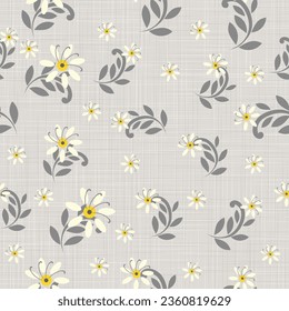 Gray Linen fabric Texture, Background Texture printed with White Daisy Flowers. Seamless pattern. Close Up Weave Fabric Organic Yarn for Wallpaper, Cloth Packaging and others