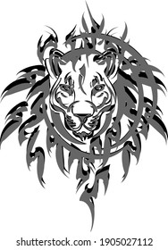 Gray lion head symbol on the white. Dirty lion head flames for sport emblems, logos, tattoos, prints on T-shirts, posters, embroidery, wallpaper, textiles, etc.