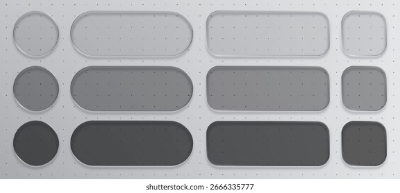 Elementos de Vector de morfismo de vidrio líquido gris establecidos para Diseño web e interfaz de usuario. Botón Abstractas de la UI y Anuncio.