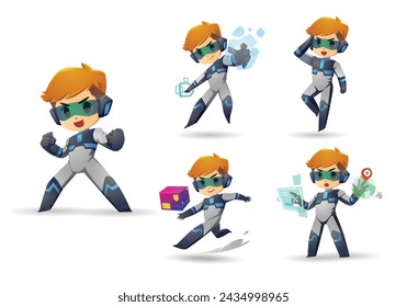 gray little Super Hero Boy Mascot Character Set 2