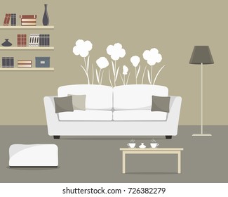 Gray living room with a white sofa. There are also shelves, lamp, table and big flowers on the wall in the picture. Vector flat illustration.