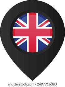 Gray location pin with flag of the UK on it. Map marker on transparent background. Vector icon for mobile apps, UI and web design