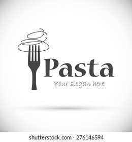 Gray logo fork with pasta. Vector