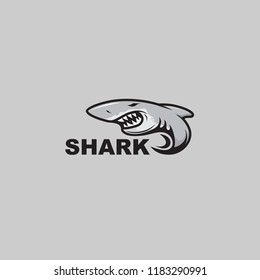 A gray logo on a light gray background features a stylized, aggressive gray shark with sharp teeth. The word "SHARK" is written in bold, dark gray letters below it.