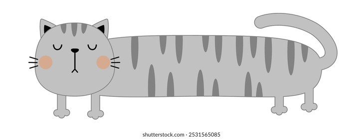 Gato de cuerpo largo gris de pie. Divertida silueta de cabeza de cara triste. Anuncio de gatito gordo. Miau. Personaje lindo del bebé del kawaii de la historieta. Animal de compañía kawaii. Estilo infantil. Diseño plano. El fondo blanco. Vector