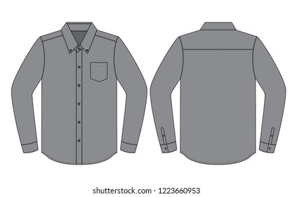 Gray Long Sleeve Dress Shirt With One Pocket Template On White Background.Front and Back View, Vector File