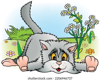 Cristóbal Gris de cabello largo y agudo yacía en el suelo - Ilustración de dibujos coloreados con fondo, vector