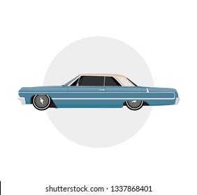 Gray lowrider on gray round background, vintage retro car, flat vector illustration