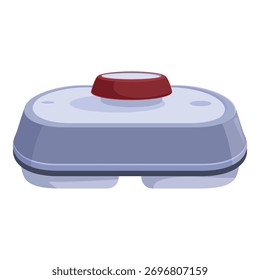 Gray lunch box with separate compartments and red button, designed for carrying and keeping food warm