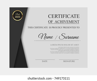 Gray luxury certificate of achivement template with golden award badge. Modern diploma blank