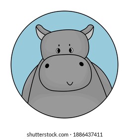 Gray male cartoon hippo is smiling. Avatar with blue background is isolated
