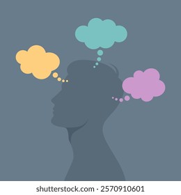 Gray male side silhouette with colored thought bubbles around, flat vector illustration