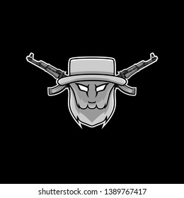 Gray man hat mascot with 2 AK-47 logo
