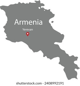 Gray Map of Armenia with location marker of the capital and inscription of the name of the country and the capital inside map