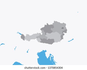 Gray Map of Austria With States on White Background With Surrounding Terrain