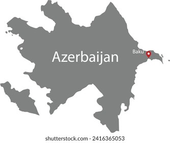 Gray Map of Azerbaijan with location marker of the capital and inscription of the name of the country and the capital inside map