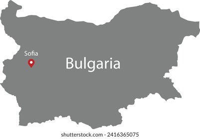 GrauKarte Bulgariens mit Ortskennzeichen der Hauptstadt und Aufschrift des Landes und der Hauptstadt auf der Karte