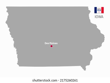 Gray map of Iowa, federal state of USA. Silhouette of Iowa abstract outline editable map with borders and flag of federal state realistic vector illustration