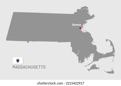 Gray map of Massachusetts, federal state of USA. Silhouette of Massachusetts abstract outline editable map with borders and flag of federal state realistic vector illustration