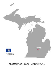 Gray map of Michigan, federal state of USA. Silhouette of Michigan abstract outline editable map with borders and flag of federal state realistic vector illustration