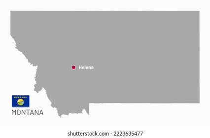 Gray map of Montana, federal state of USA. Silhouette of Montana abstract outline editable map with borders, Helena capital and flag of American state vector illustration